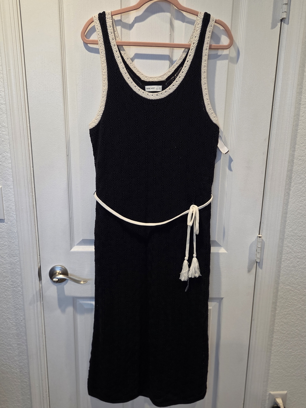 Nine West Sleeveless Black Knit Dress with Cream Trim and Tassel Belt